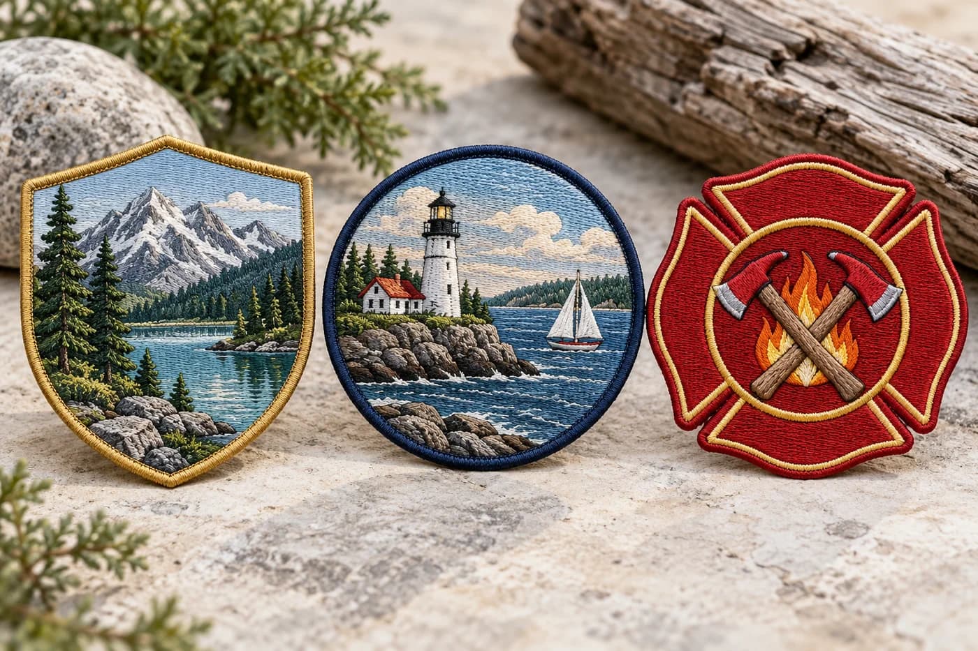 Illustrative embroidered patches with mountain, harbor, and fire rescue designs